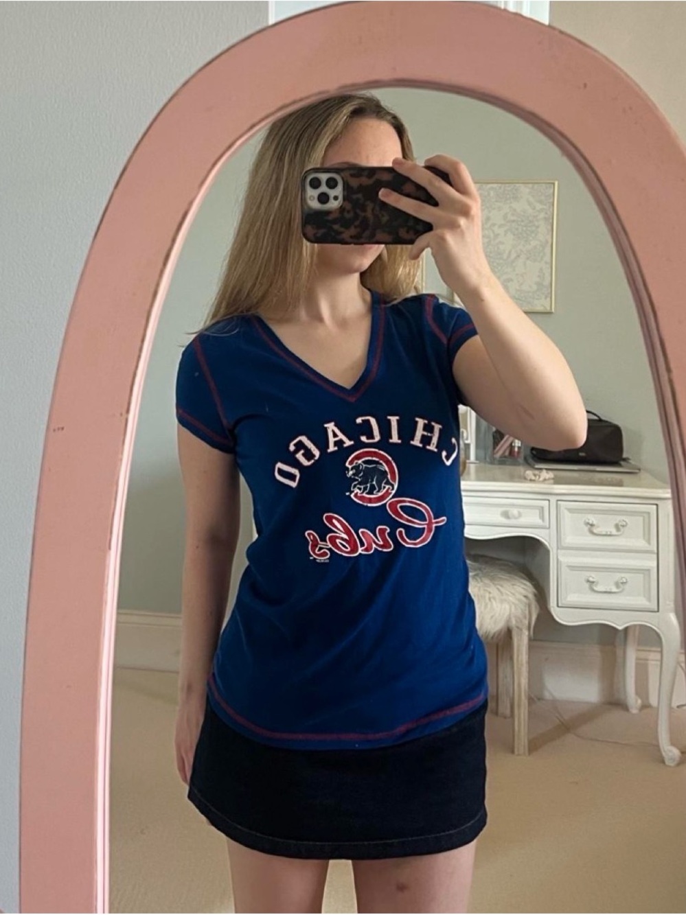 Women's Navy V-Neck Tee with Red & White Logo